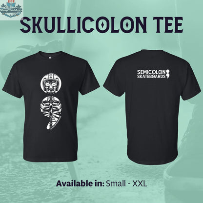 Unisex graphic T-shirt featuring Skulliicolon design by Semicolon Skateboards, casual style with bold skull and skateboard graphic.