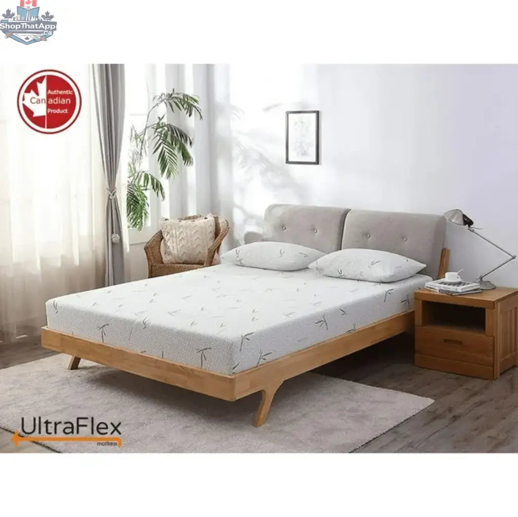 UltraFlex SolidSleep firm mattress with gel-infused foam, bamboo cover, cooling technology, and reversible design for restful sleep.
