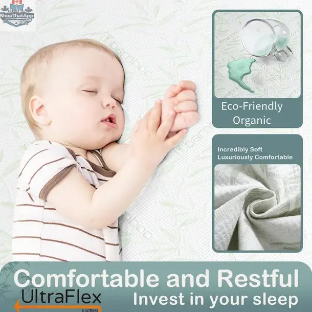 UltraFlex SolidSleep mattress showing the firm, reversible design with gel-infused cooling technology and bamboo cover.
