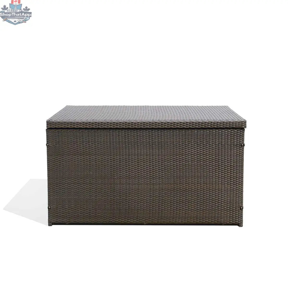 Krikacy dark brown outdoor storage box closed, front view, stylish patio organization solution with durable design for outdoor use