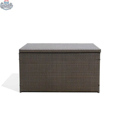 Krikacy dark brown outdoor storage box closed, front view, stylish patio organization solution with durable design for outdoor use