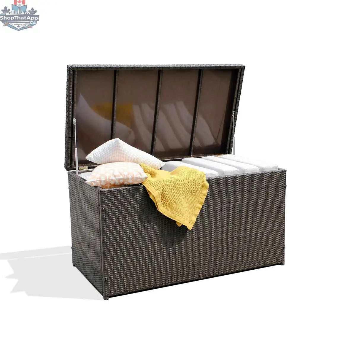 Open dark brown Krikacy outdoor storage box showing interior for patio organization and stylish outdoor storage.