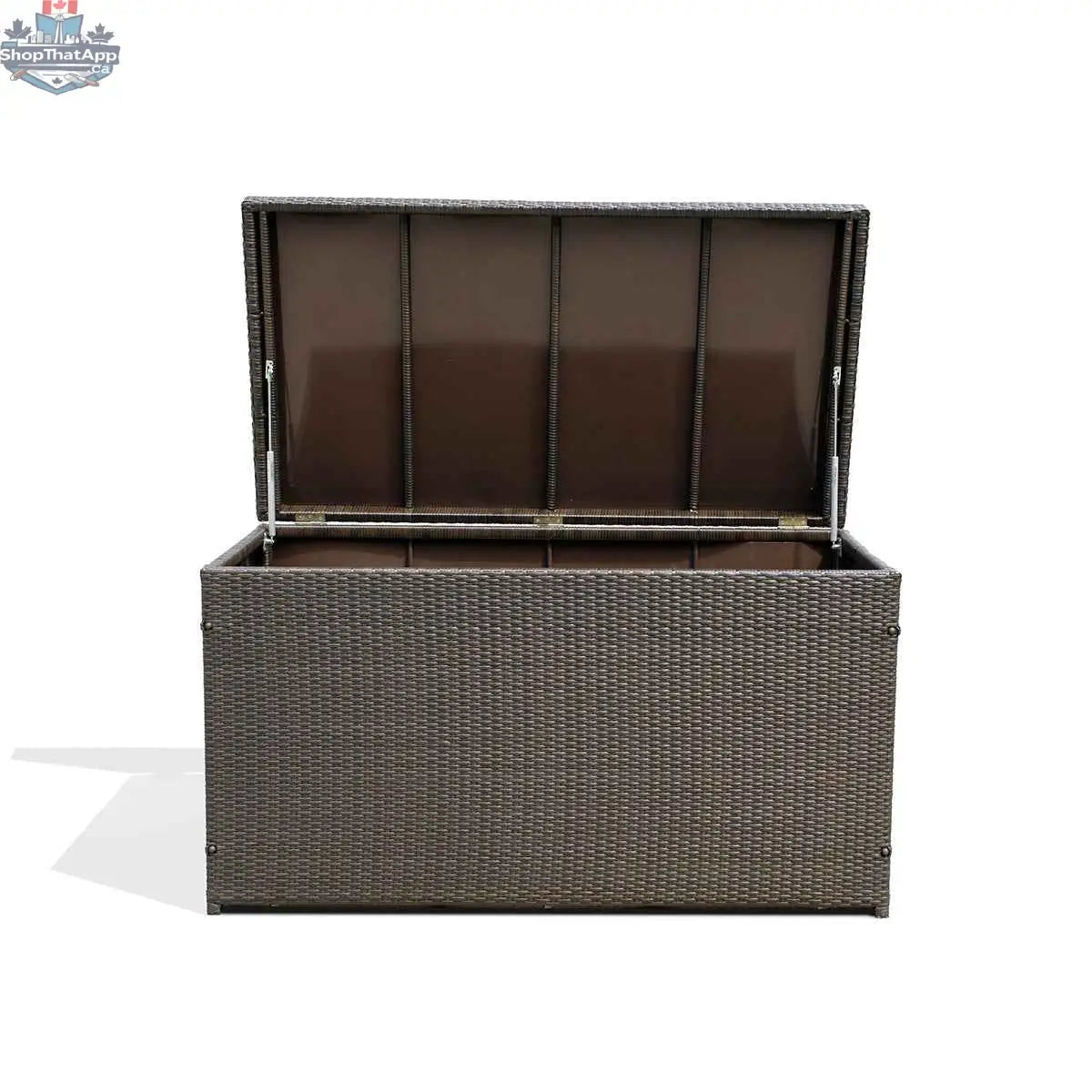 Open dark brown outdoor storage box by Krikacy with spacious interior for stylish patio organization, shown open with empty interior.