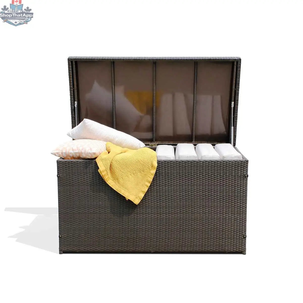 Open dark brown Krikacy outdoor storage box for patio organization, showing spacious interior and stylish design.
