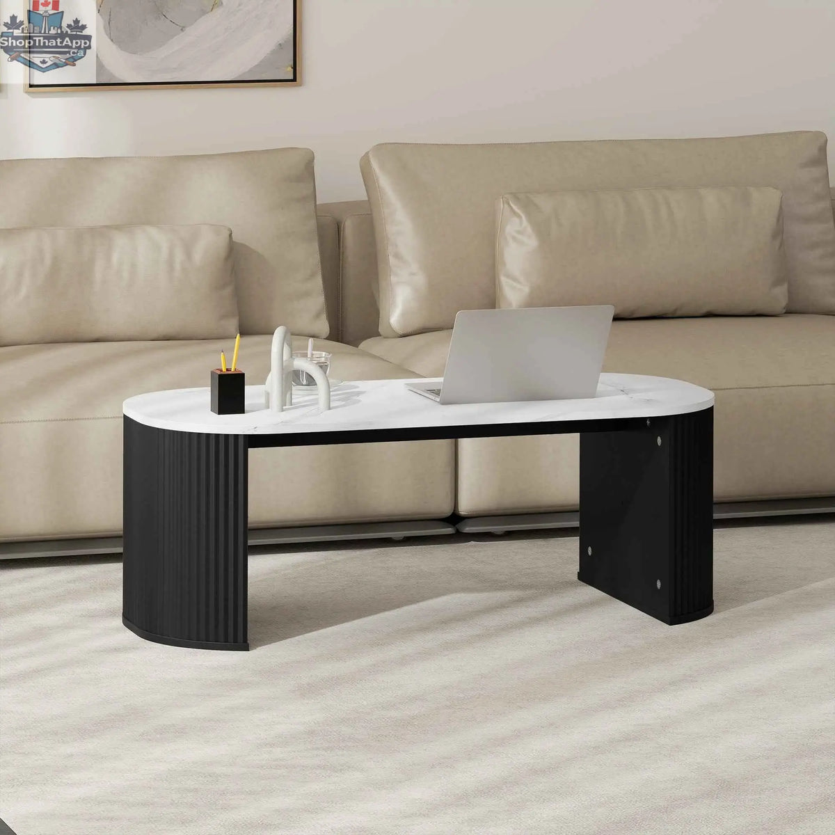 SLOTH Nation Cameron modern coffee table with black faux-marble top and sleek black metal legs, contemporary furniture design.