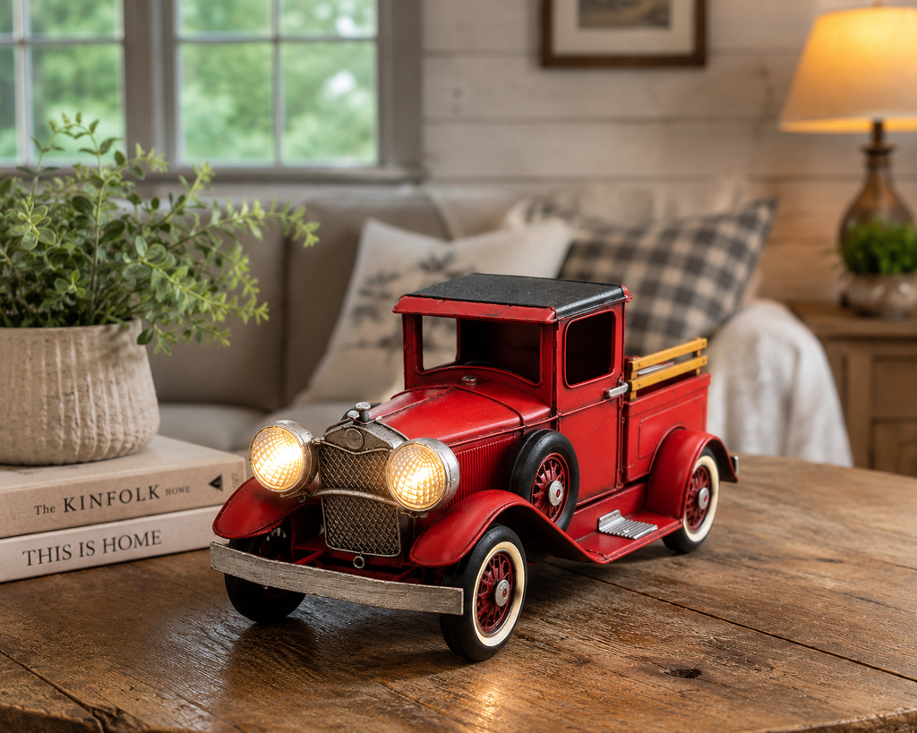Classic Red Truck Décor: The Vintage Lighted Metal Truck That Brings Warmth and Character to Your Home