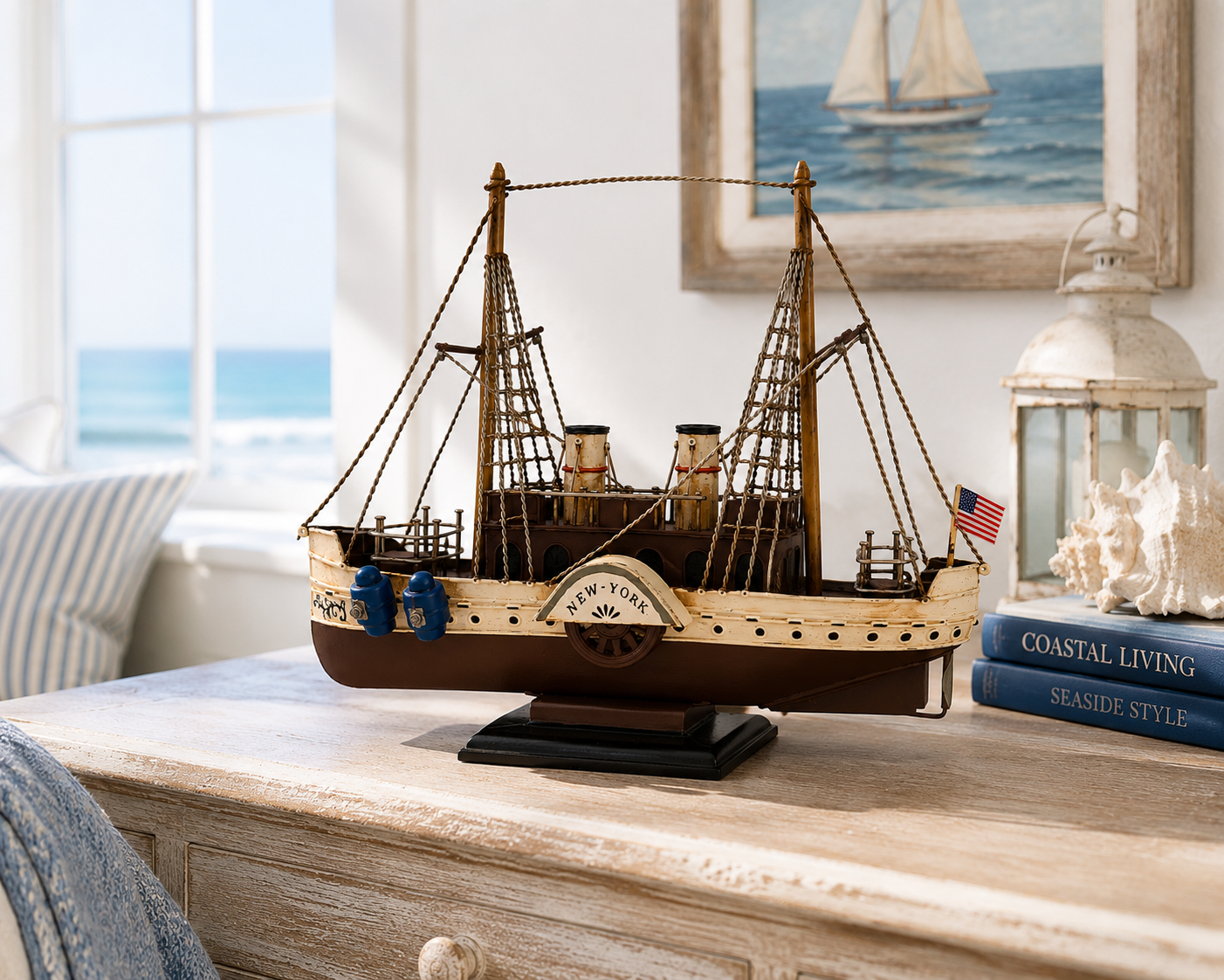 Vintage Metal Ship Model — Handcrafted Nautical Shelf Decor, complements vintage race car decor
