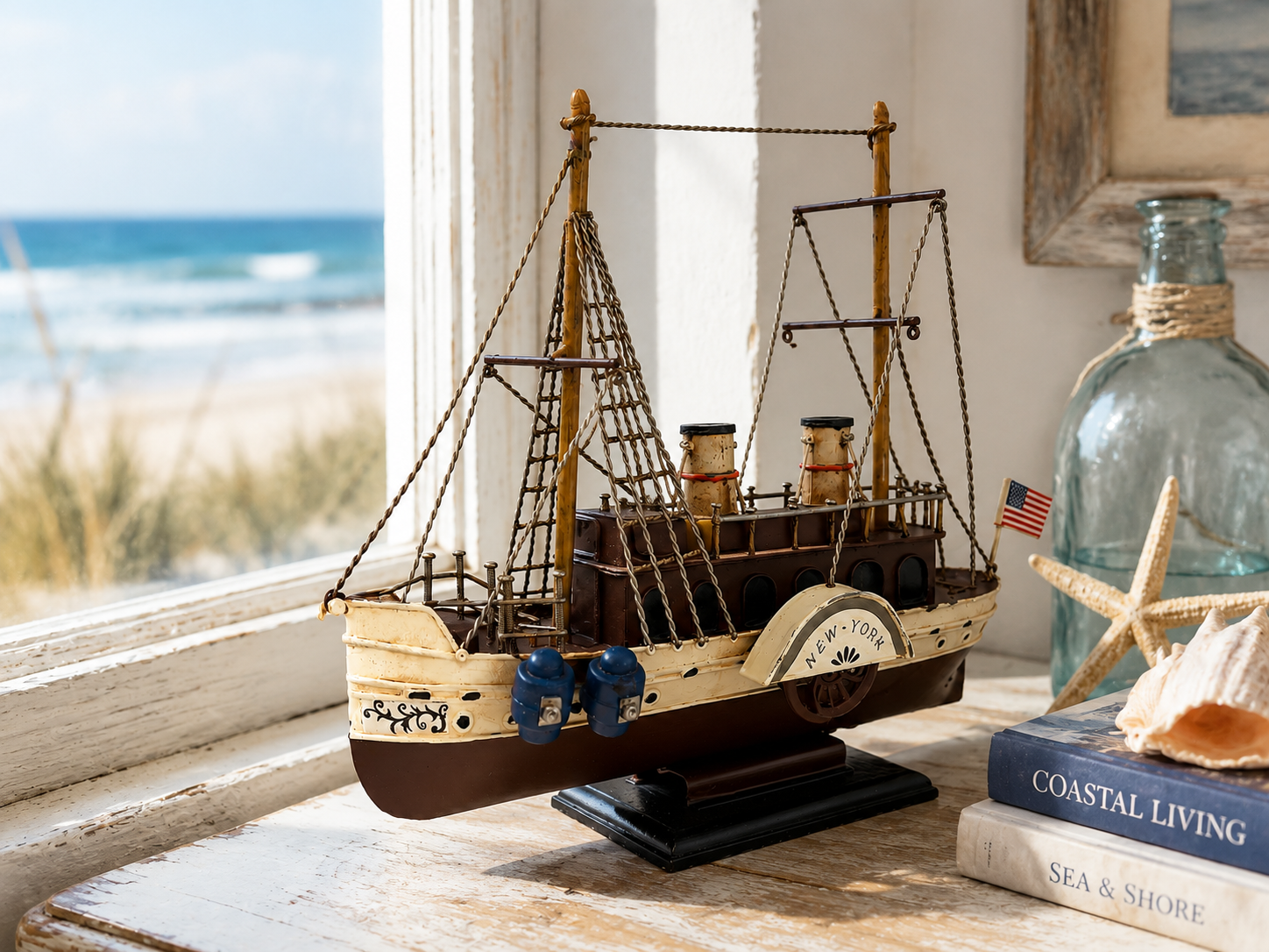 Vintage Metal Ship Model — Handcrafted Nautical Shelf Decor, complements vintage race car decor
