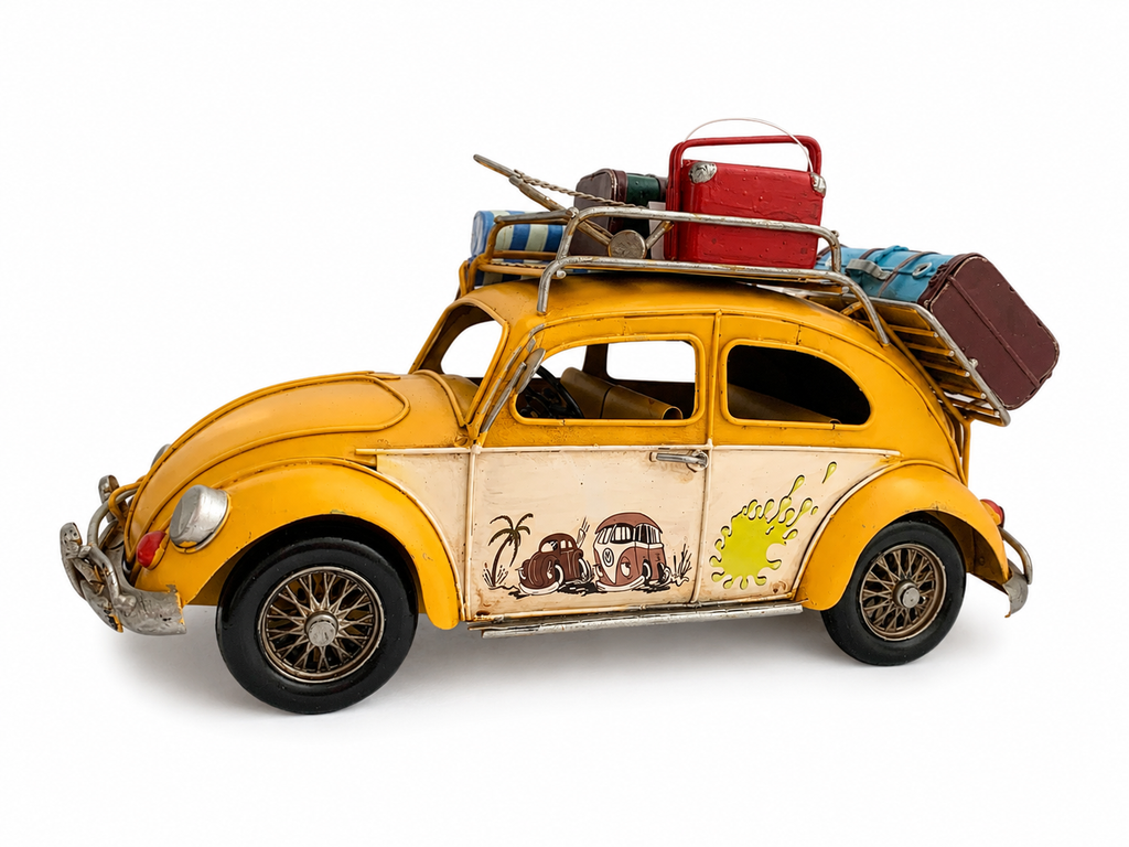 Vintage Beach Car Model with Fold-Out Awning — Handcrafted Coastal Beetle