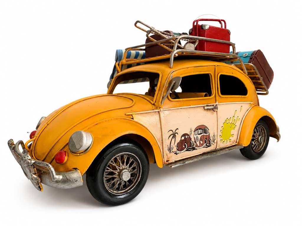 Vintage Beach Car Model with Fold-Out Awning — Handcrafted Coastal Beetle