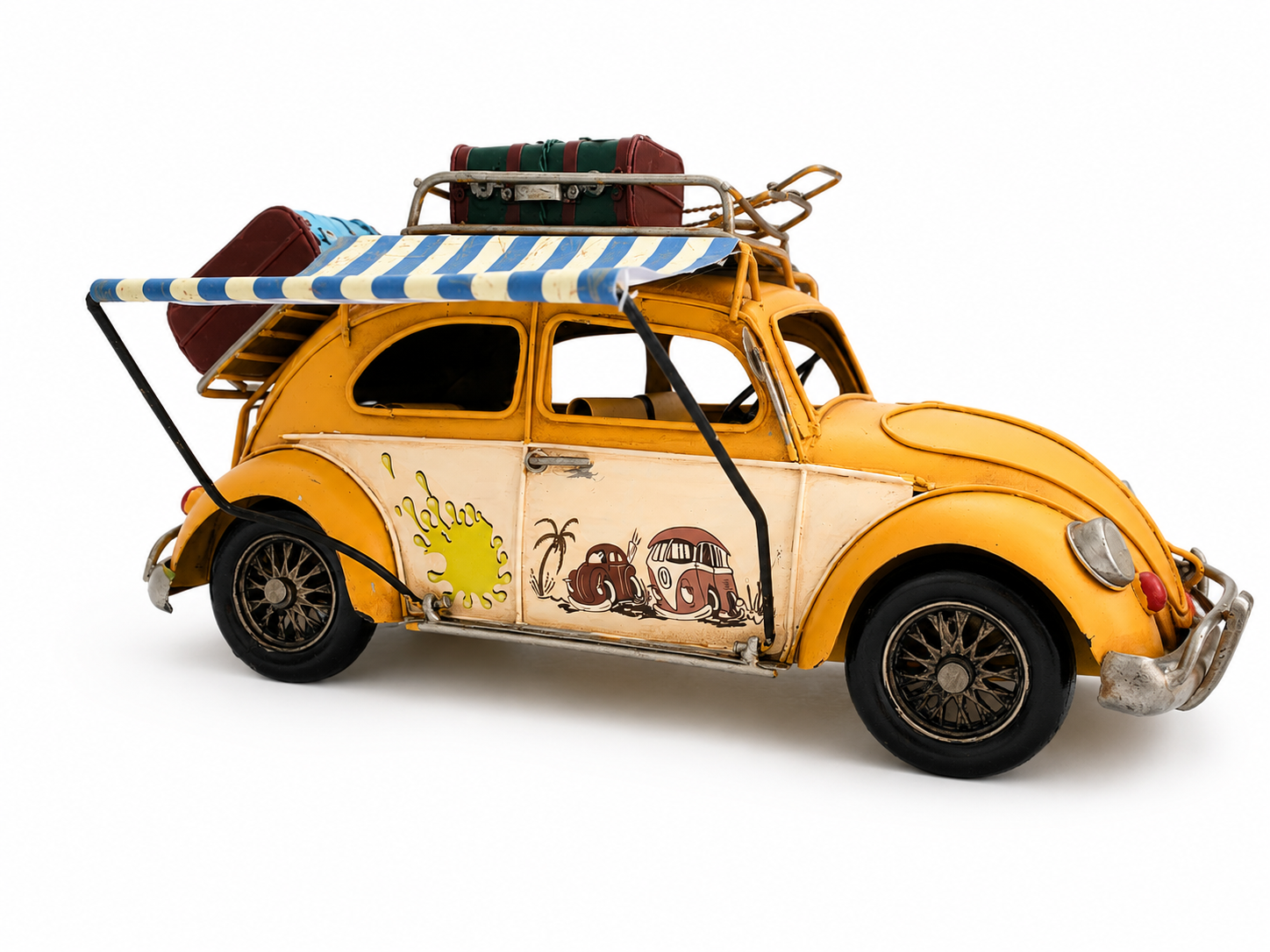 Vintage Beach Car Model with Fold-Out Awning — Handcrafted Coastal Beetle