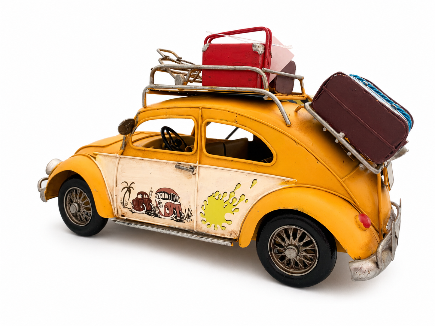 Vintage Beach Car Model with Fold-Out Awning — Handcrafted Coastal Beetle