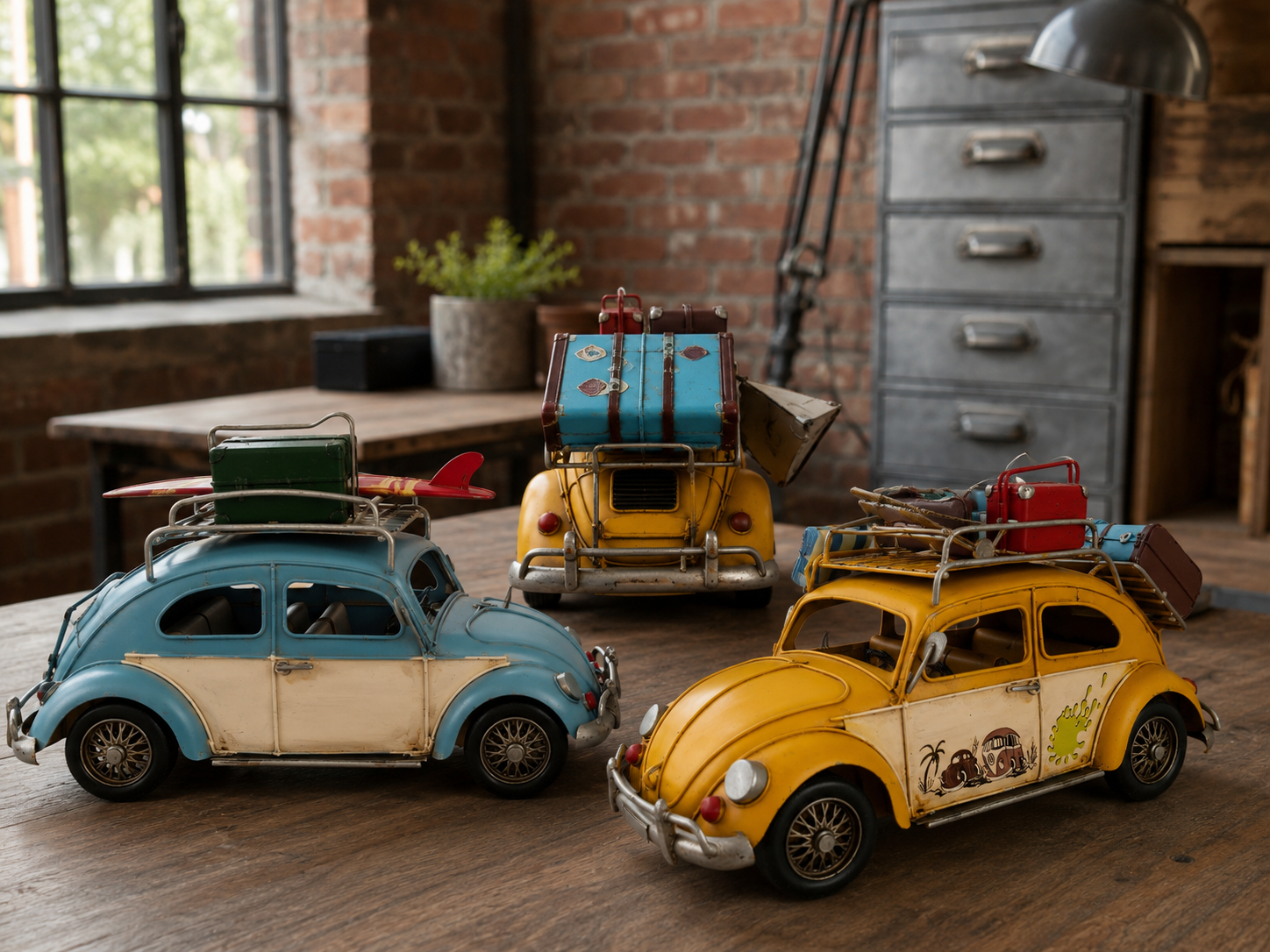 Vintage Beach Car Model with Fold-Out Awning — Handcrafted Coastal Beetle