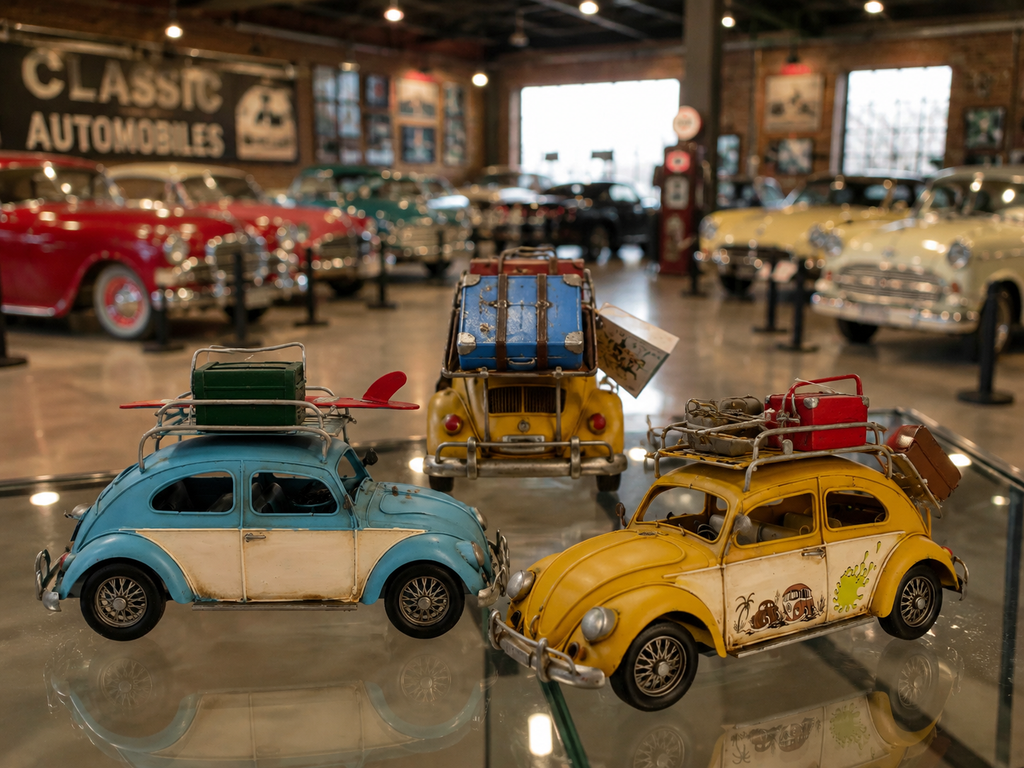 Vintage Beach Car Model with Fold-Out Awning — Handcrafted Coastal Beetle
