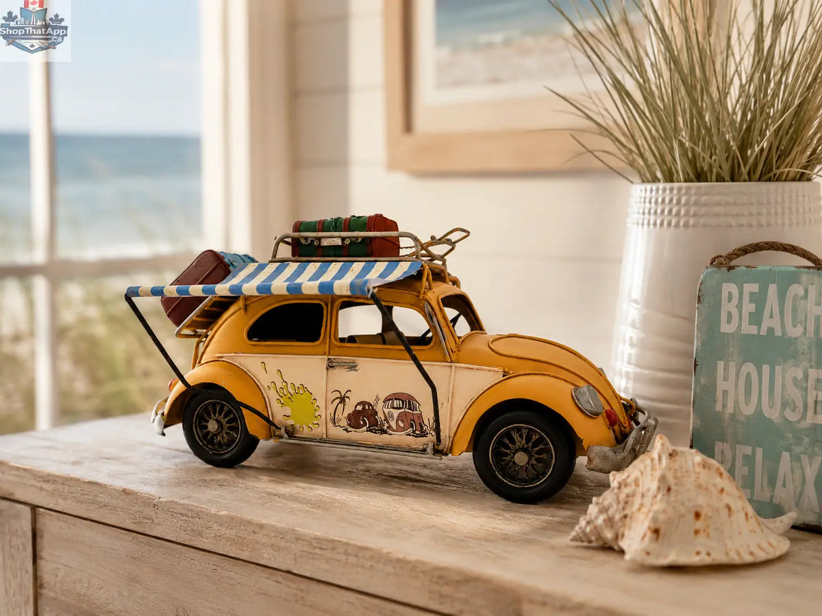 Vintage Beach Car Model with Fold-Out Awning — Handcrafted Coastal Beetle - Shopthatapp.ca