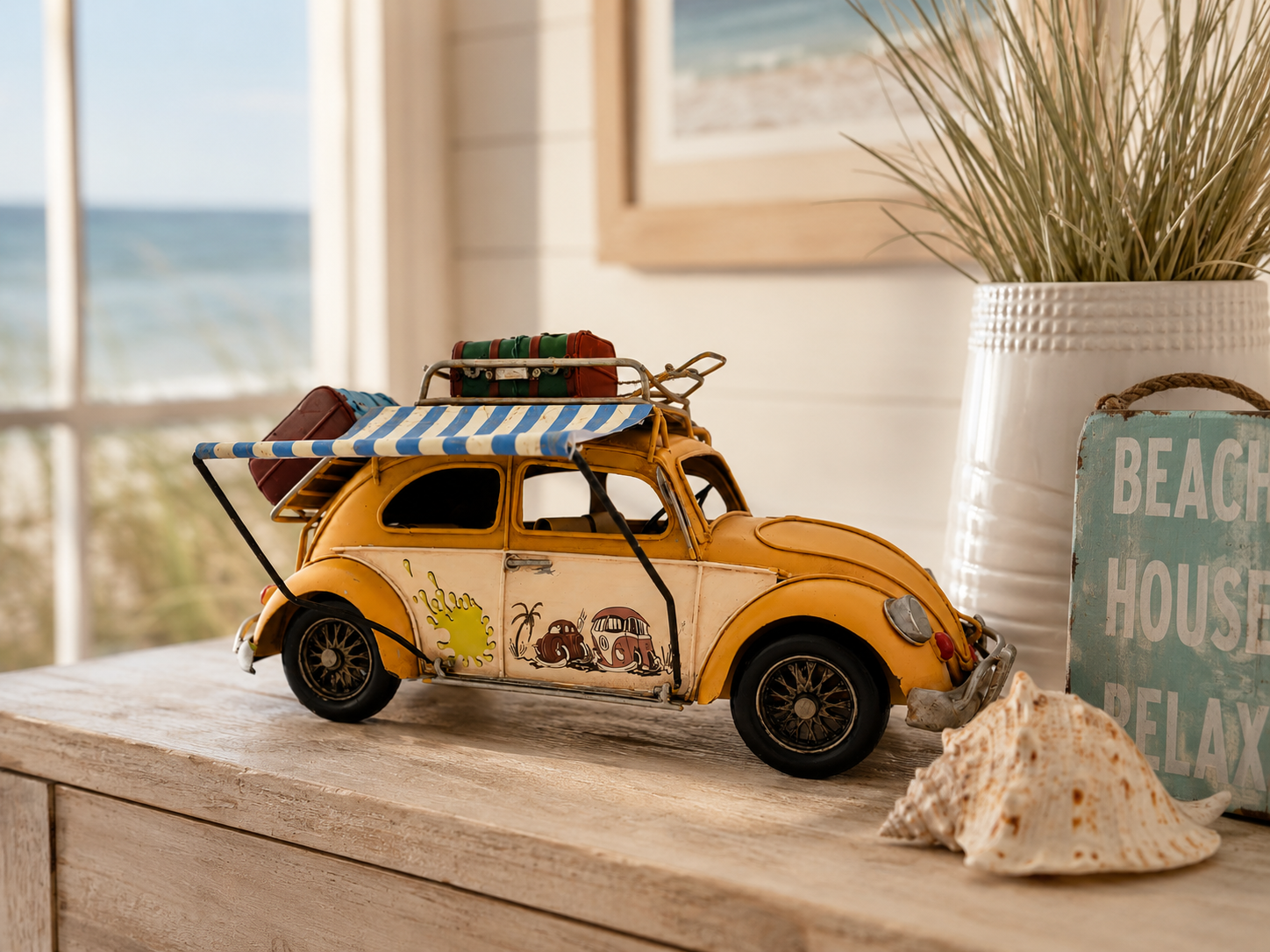 Vintage Beach Car Model with Fold-Out Awning — Handcrafted Coastal Beetle
