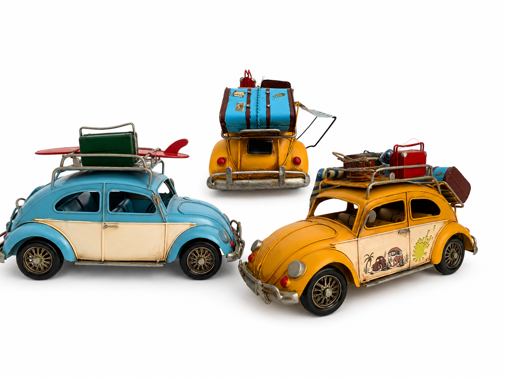 Vintage Beach Car Model with Fold-Out Awning — Handcrafted Coastal Beetle