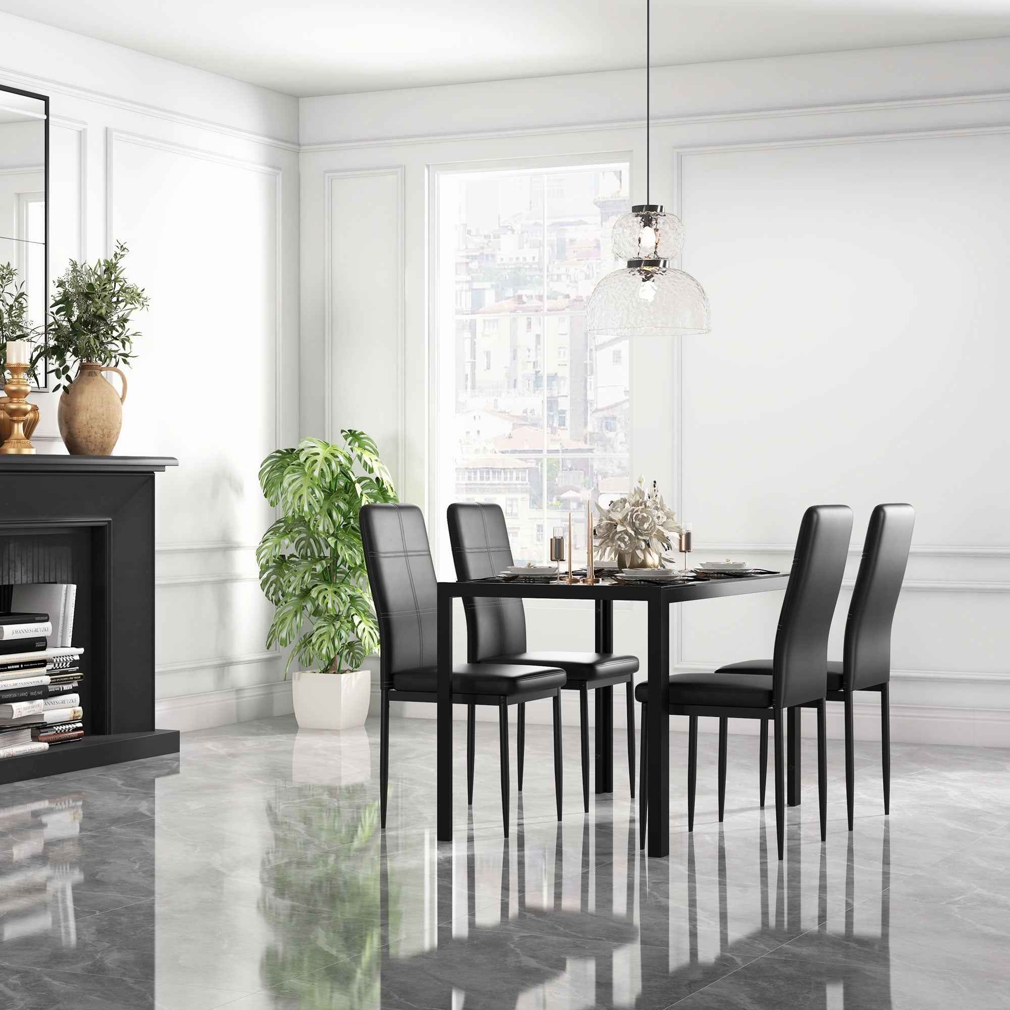 Zaya 5-Piece Rectangular Glass Dining Set for Small Spaces-Black