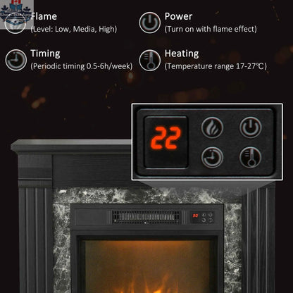 Easton electric fireplace heater with black wood surround, freestanding design and overheating protection, by SLOTH Nation.