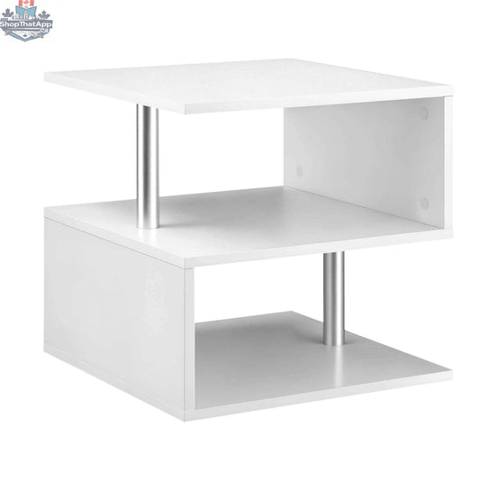 White Caelan Wooden S Shape End Table with 3-tier storage shelves by SLOTH Nation, showcasing its unique curved design.