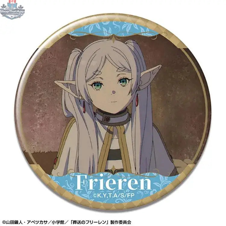 Frieren anime tin badge featuring a colorful design from Doki Doki Land’s Beyond Journey's End collection, showcasing Frieren character artwork.