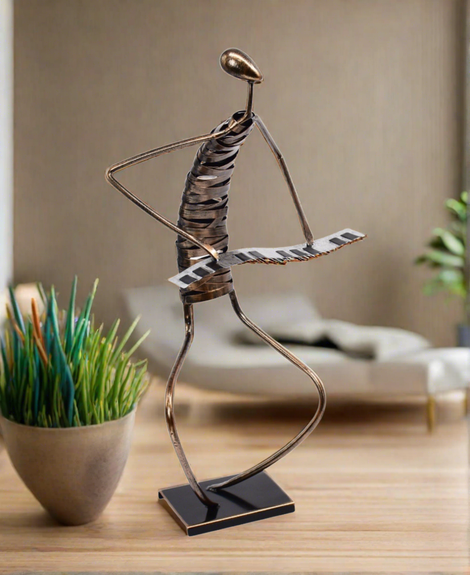 Handmade Bronze Piano Player Sculpture – 25-Inch Brushed Bronze Pianist Art