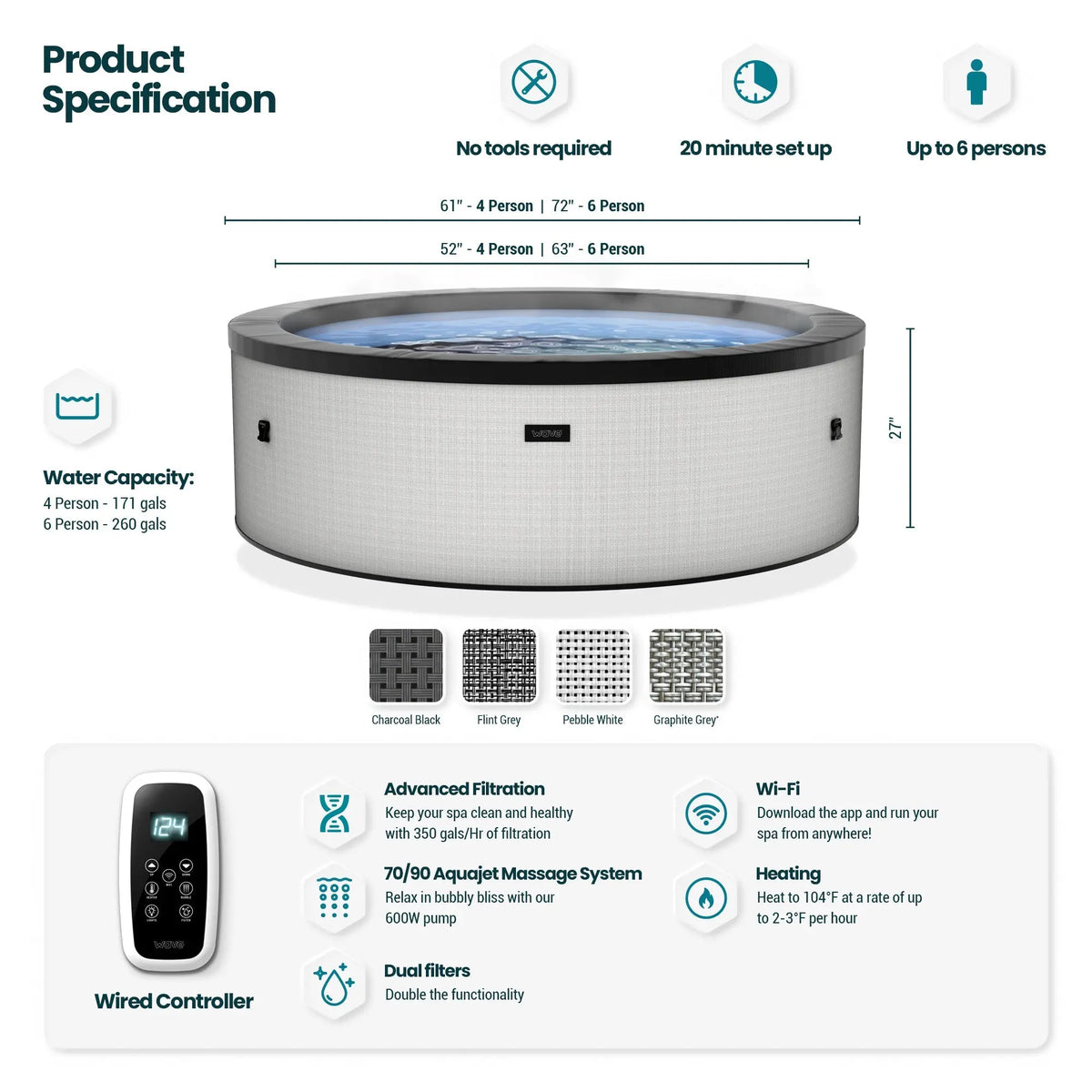 Round Zoppinh Wave Tahoe 4-6 person eco foam hot tub with built-in heater, showcasing the hot tub's exterior and integrated heating system.