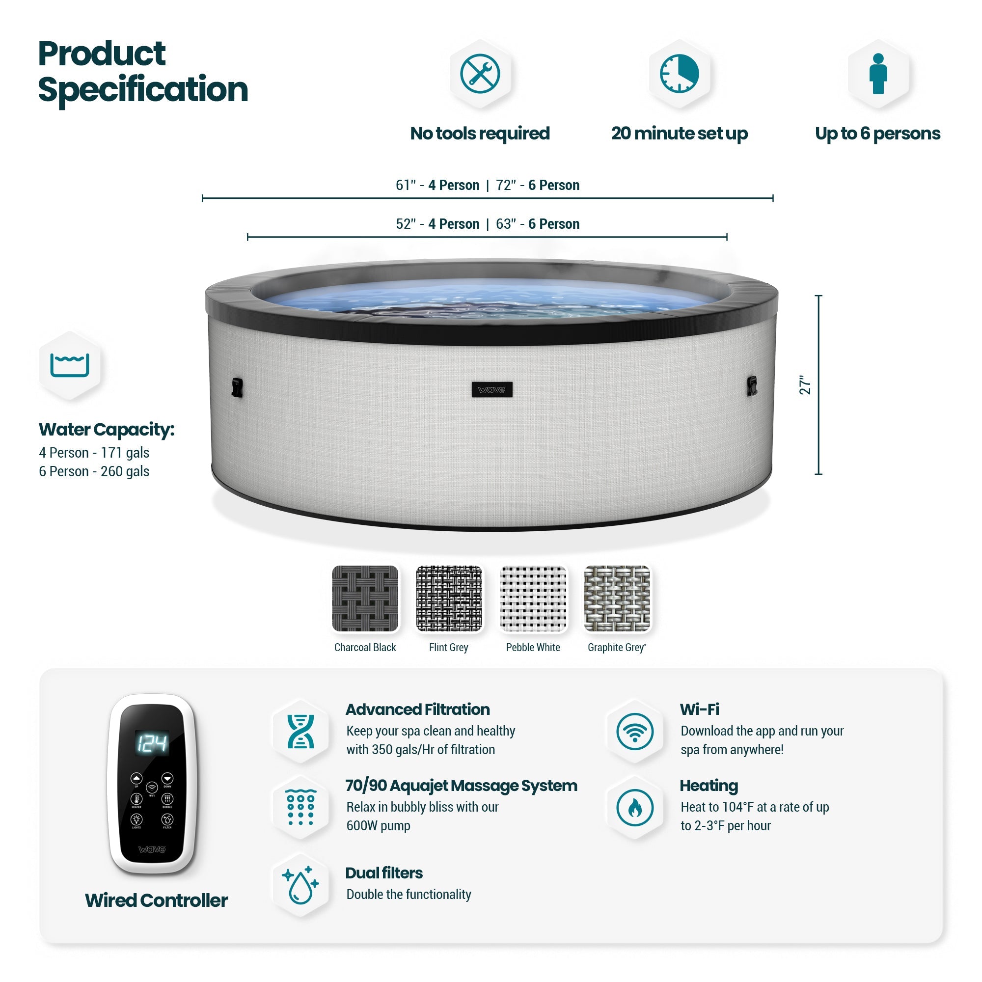 Wave | Tahoe | 4/6-Person Eco Foam Hot Tub | Round | Built-In Integrated Heater - Www.Shopthatapp.ca