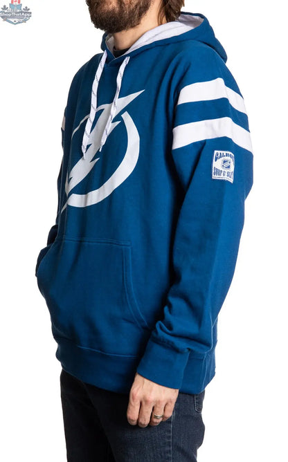 Calhoun Surf N' Skate Tampa Bay Lightning varsity-style hoodie, shown from side view, featuring team logo and retro design.