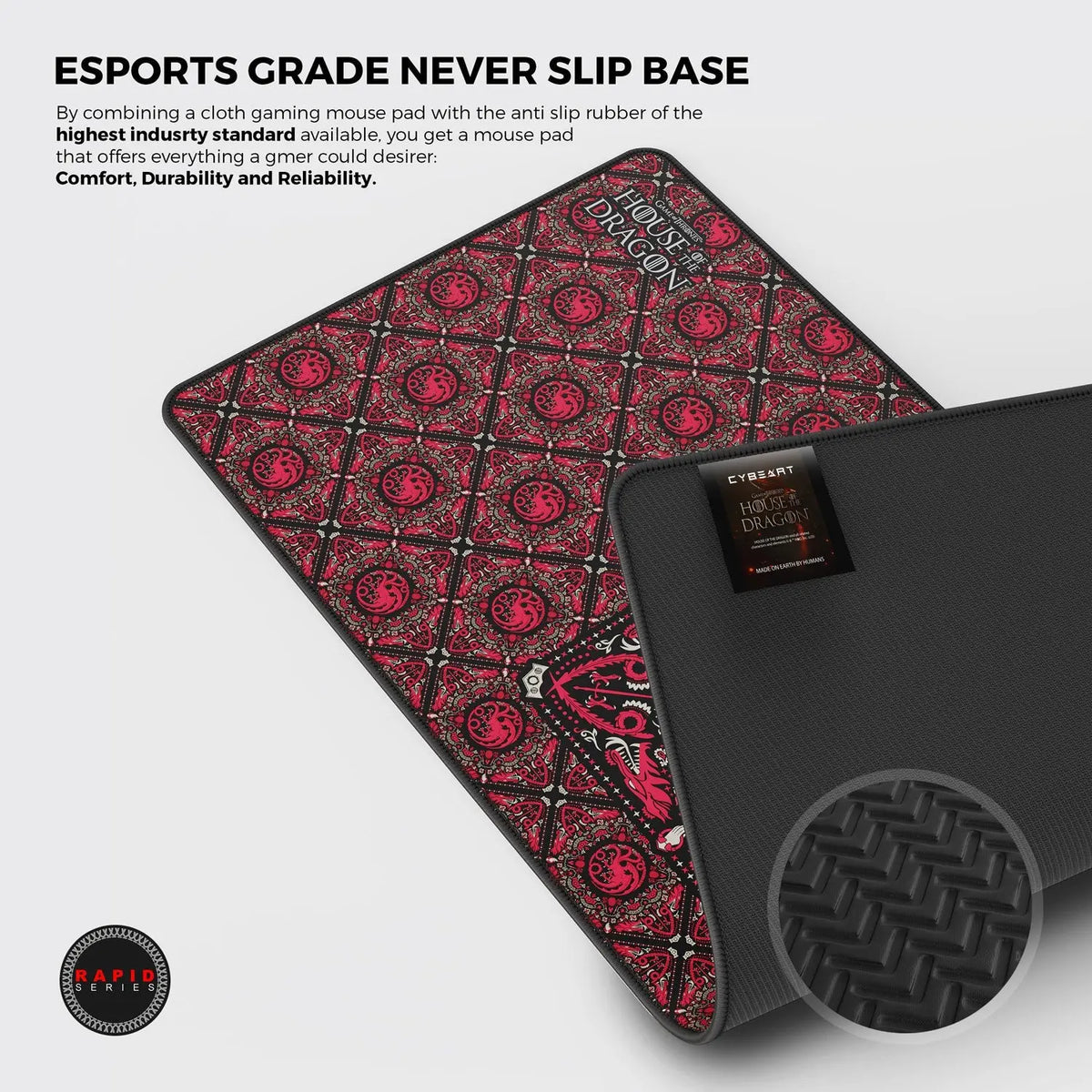 Cybeart House Targaryen mouse pad with dragon emblem, ideal for gaming, featuring detailed Targaryen design on a smooth surface.