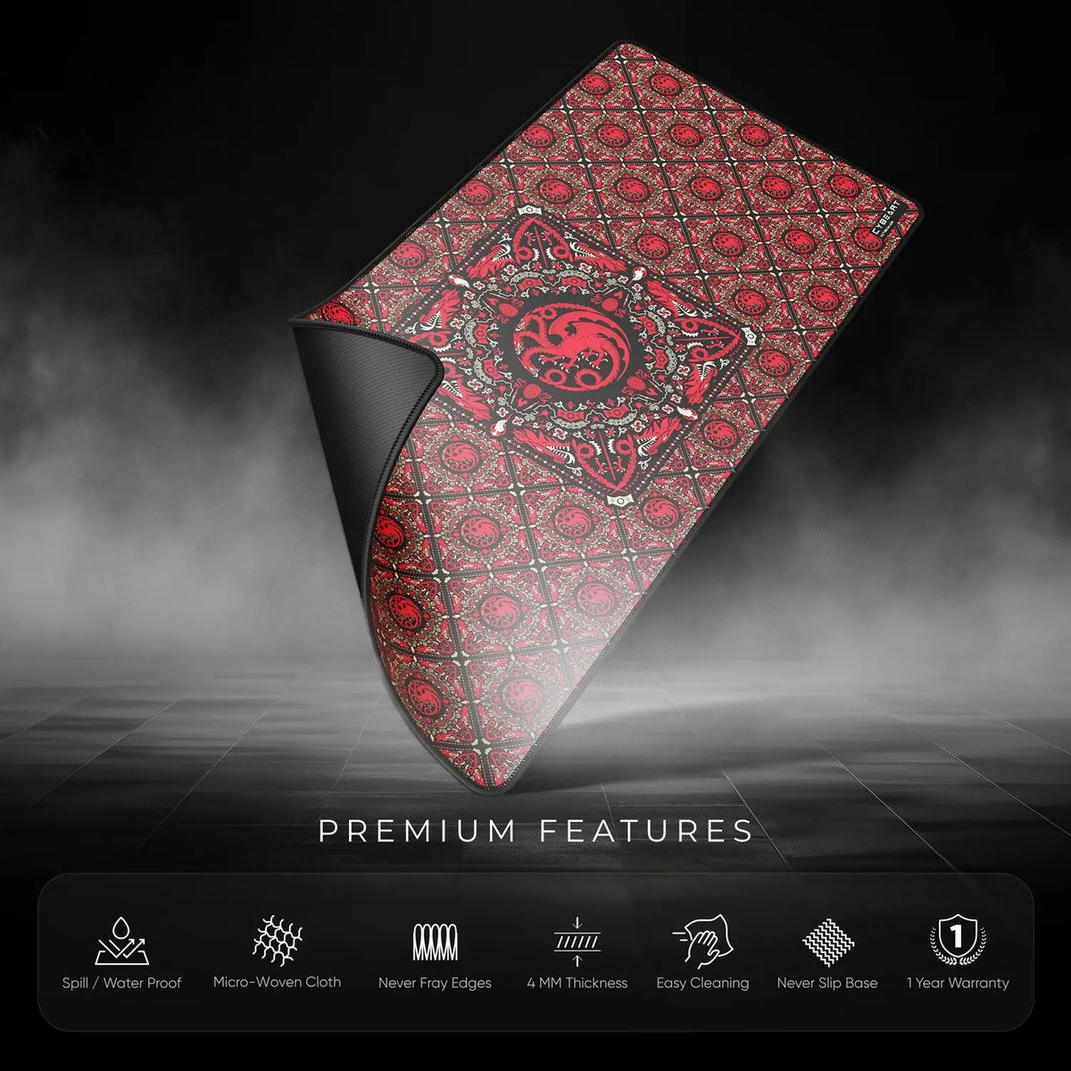 Cybeart House Targaryen mouse pad with dragon emblem, ideal for gaming and computer use, featuring a detailed Targaryen design.