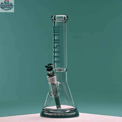 14-inch Castle Glassworks beaker bong with teal logo, 9mm thickness, and a 9-hole downstem on a teal background.