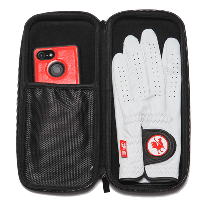 Black glove compartment case by Red Rooster Golf Inc. designed for premium car storage, shown in a sleek, compact design.