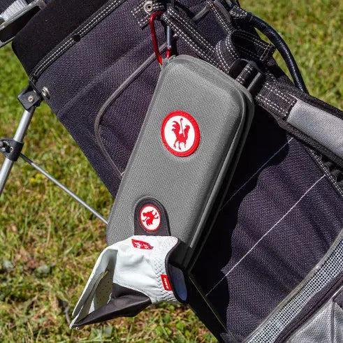 Grey glove case from Red Rooster Golf Inc. designed for organizing golf essentials in your vehicle's glove compartment.