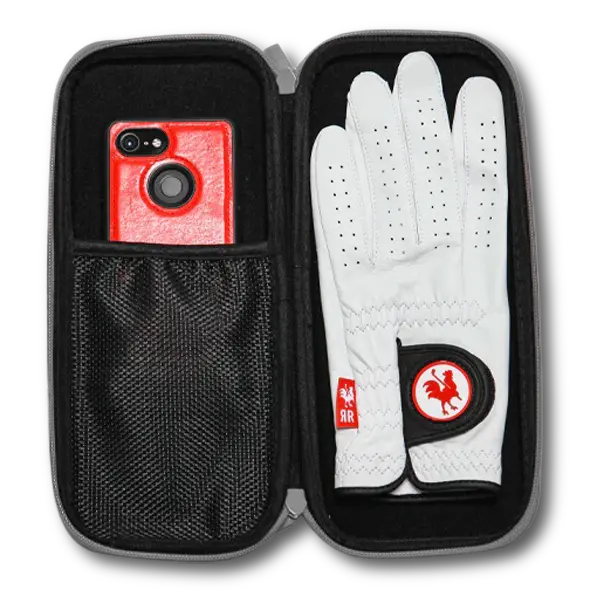 Grey glove case from Canada Red Rooster Golf Inc. designed for organizing golf essentials in your vehicle's glove compartment.