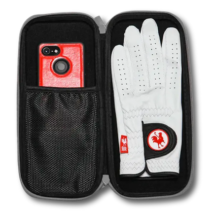 Grey glove case from Canada Red Rooster Golf Inc. designed for organizing golf essentials in your vehicle's glove compartment.
