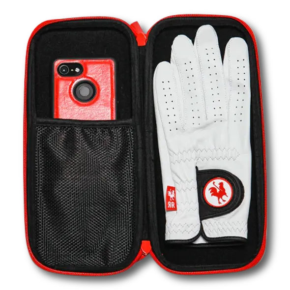 Red glove case from Canada Red Rooster Golf Inc., stylish and functional storage for golf gloves in a compact compartment.