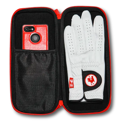 Red glove case from Canada Red Rooster Golf Inc., stylish and functional storage for golf gloves in a compact compartment.