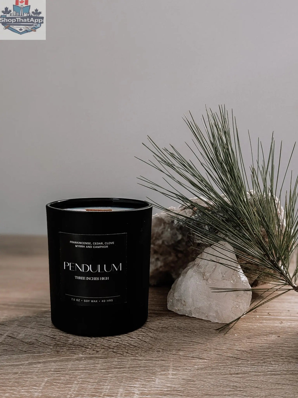 Hand-poured 8oz soy wax pendulum candle by Three Inches High, eco-friendly aromatherapy candle with a natural wooden wick.