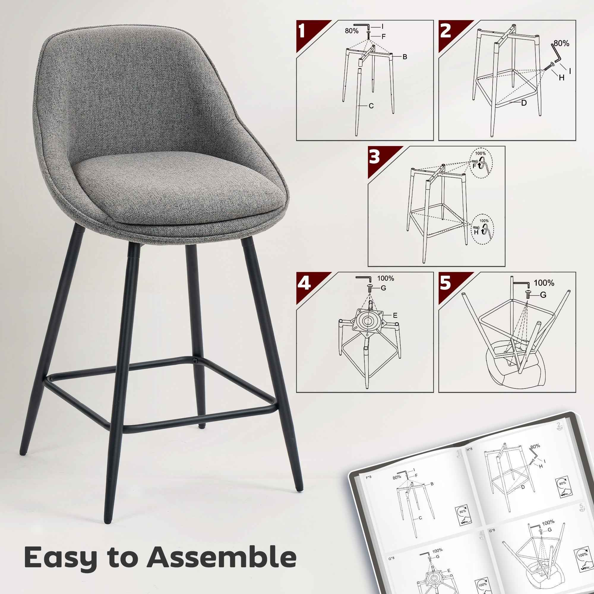 Reece 26" Counter Height Stools with Swivel and Backrest-Set of 2-Dark Grey
