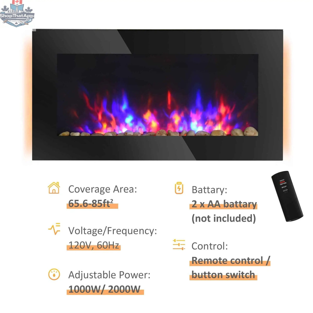SLOTH Nation Marley electric fireplace heater, 36-inch freestanding and wall-mounted with eco mode, in a modern living room setting.