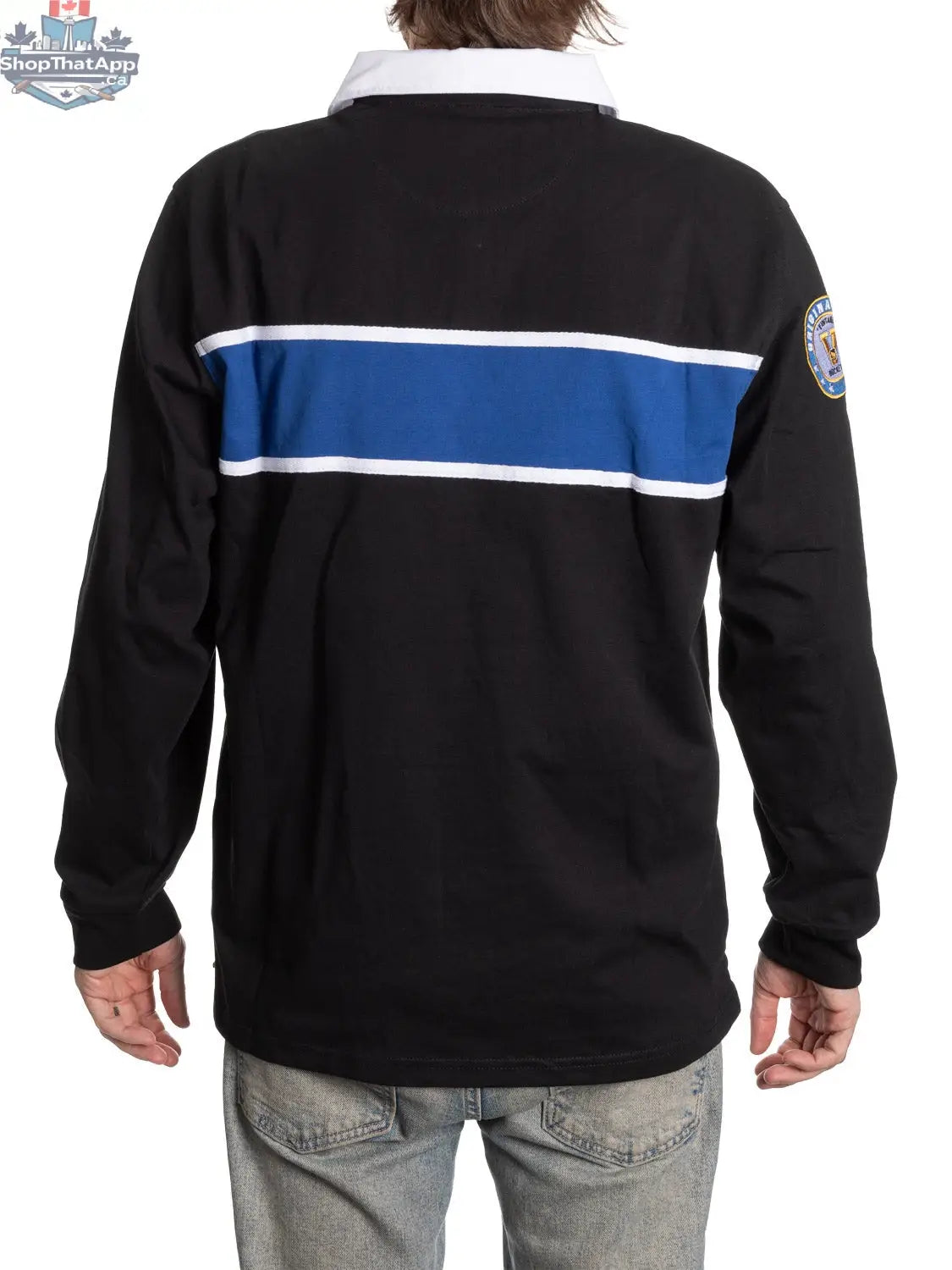 Black Toronto Maple Leafs rugby shirt by Calhoun Surf N' Skate, showing the back with team logo and athletic fit.