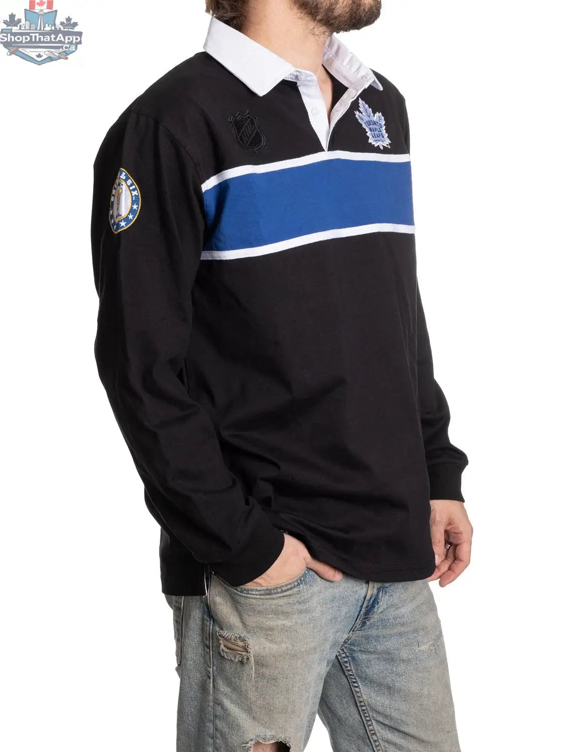 Black Toronto Maple Leafs rugby shirt by Calhoun Surf N' Skate, featuring team logo and sporty design on the front and side view.