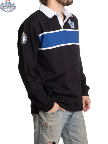 Black Toronto Maple Leafs rugby shirt by Calhoun Surf N' Skate, featuring team logo and sporty design on the front and side view.