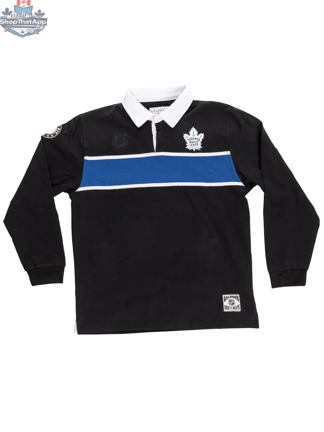 Black Toronto Maple Leafs rugby shirt by Calhoun Surf N' Skate, featuring team logo and athletic design on a flat-lay background.