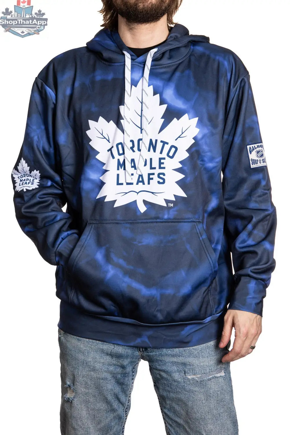 Toronto Maple Leafs hoodie with a stylish sublimation design by Calhoun Surf N' Skate, featuring team logo and vibrant graphics.