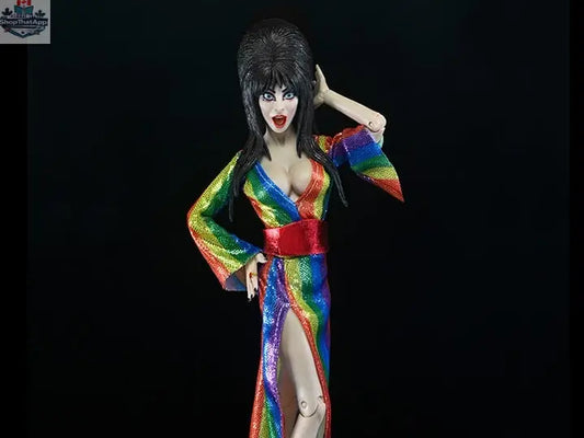 Elvira Mistress of the Dark collectible figure by Toy Snowman, clothed action figure from the Over the Rainbow version, detailed and vibrant.