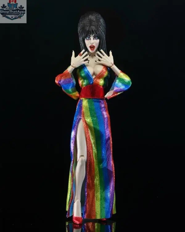 Elvira Mistress of the Dark collectible figure by Toy Snowman, clothed action figure from Over the Rainbow version, detailed toy collectible.