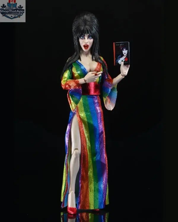 Elvira Mistress of the Dark collectible action figure by Toy Snowman, Over the Rainbow version, clothed and detailed for display.