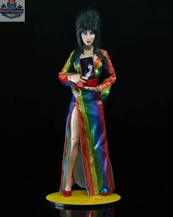 Elvira Mistress of the Dark collectible action figure by Toy Snowman, Over the Rainbow version, clothed and detailed for display.
